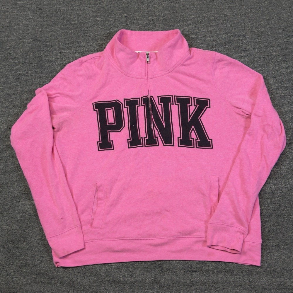Victorias Secret PINK 1/4 Zip Pullover Sweatshirt Womens Large Pink Pockets